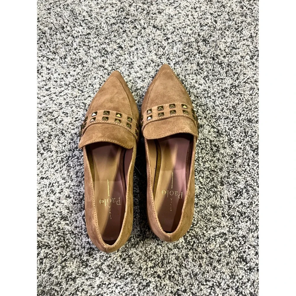 Paolo Suede Studded Pointed Toe‎ Flats Women Tan Size 6